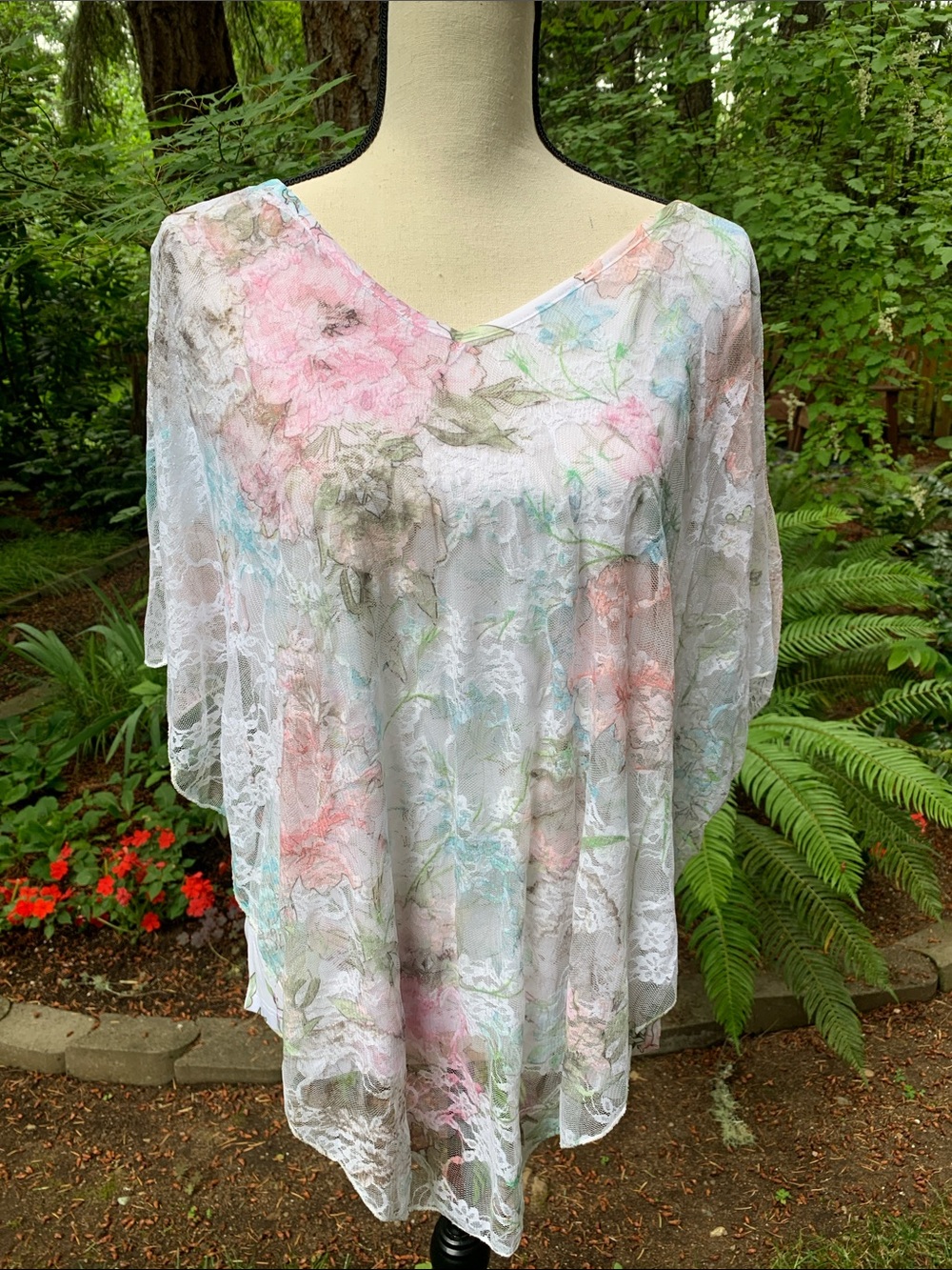 Brittany Black White Lace Poncho Style Top with Pastel Floral Accents NWT